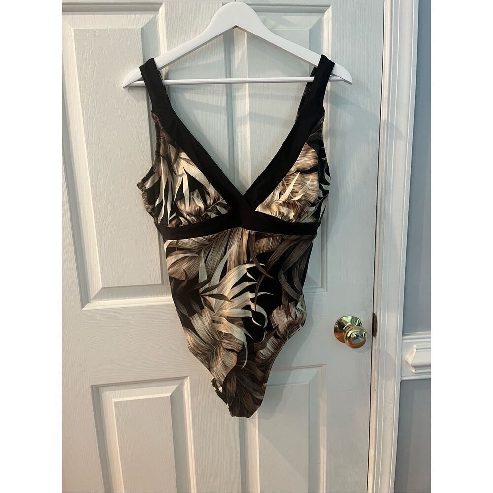 Longitude Black & Brown Leaves One Piece Slimming Swimsuit sz 16 EUC